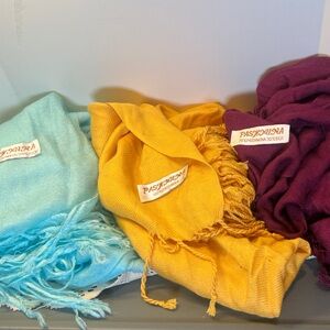 Group of 3 Pashmina Scarves Blue Gold Burgundy   DS